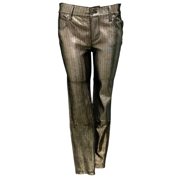 RTA GOLD METALLIC LAMBSKIN STRETCH LEATHER SKINNY PANTS - Picture 1 of 8
